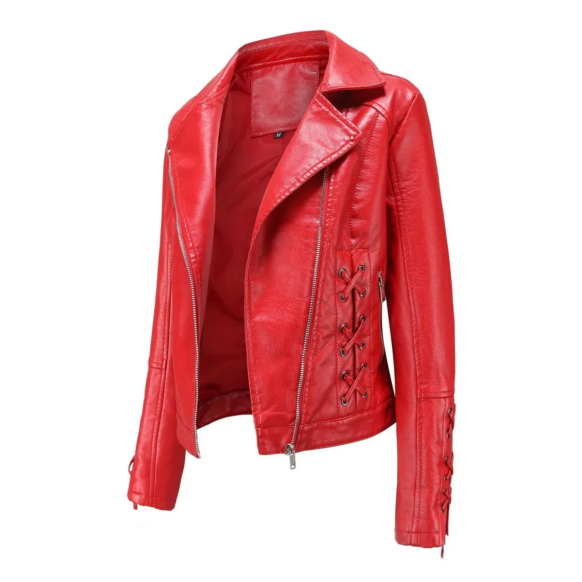 Lapel Strap Long Sleeve  Faux Leather Jacket