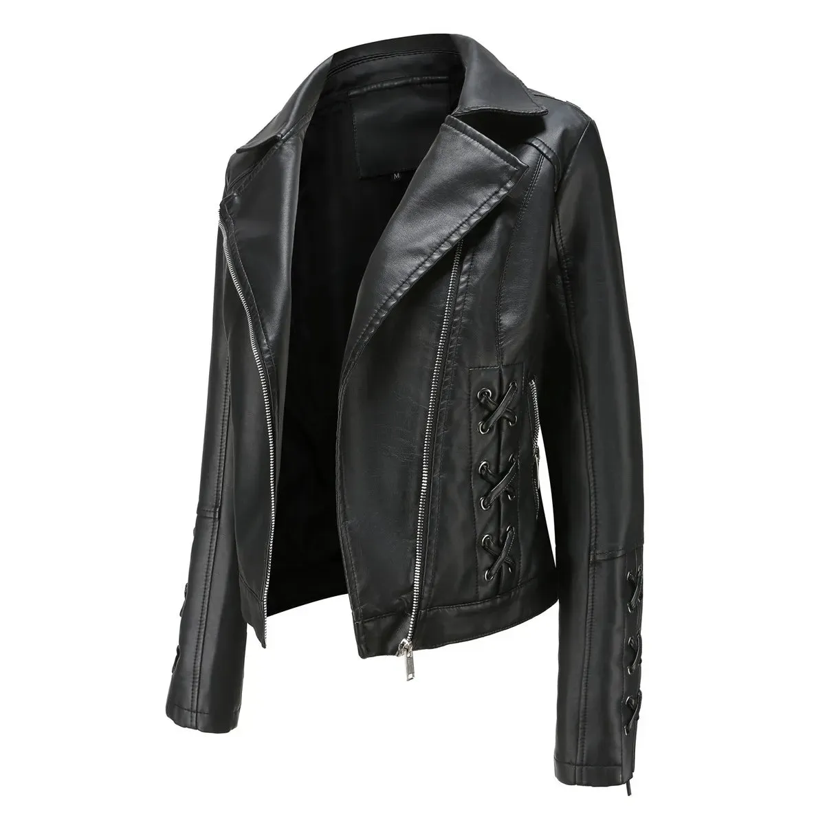 Lapel Strap Long Sleeve  Faux Leather Jacket