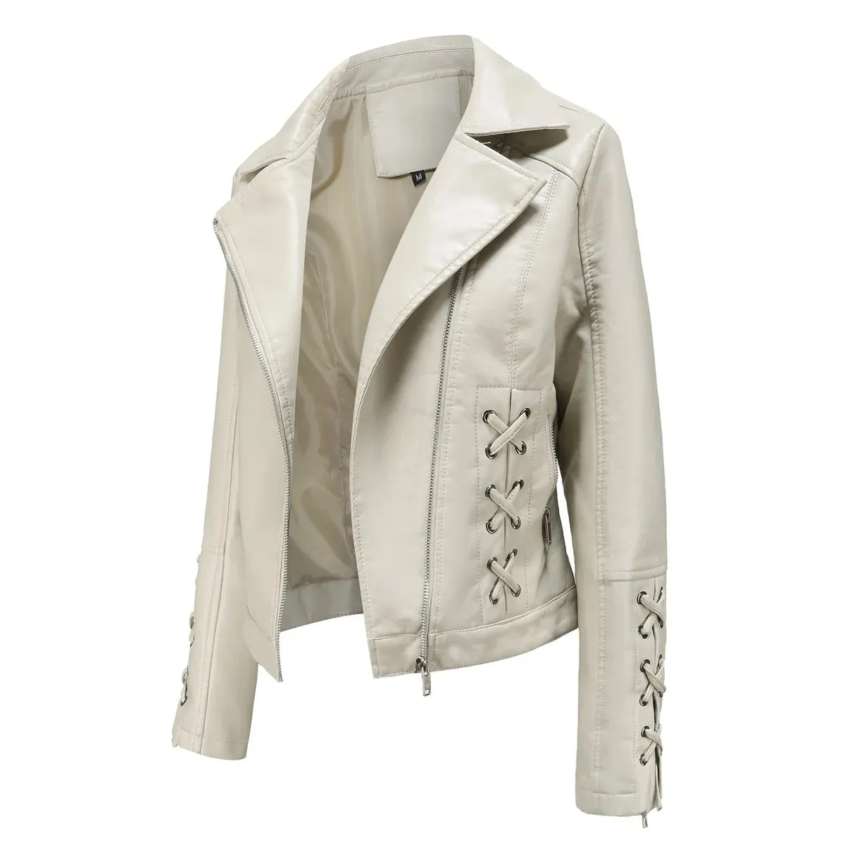 Lapel Strap Long Sleeve  Faux Leather Jacket