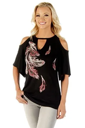 Liberty Wear Phoenix Feathers, Open Shoulder Short Sleeve Accent Cut Tunic Top