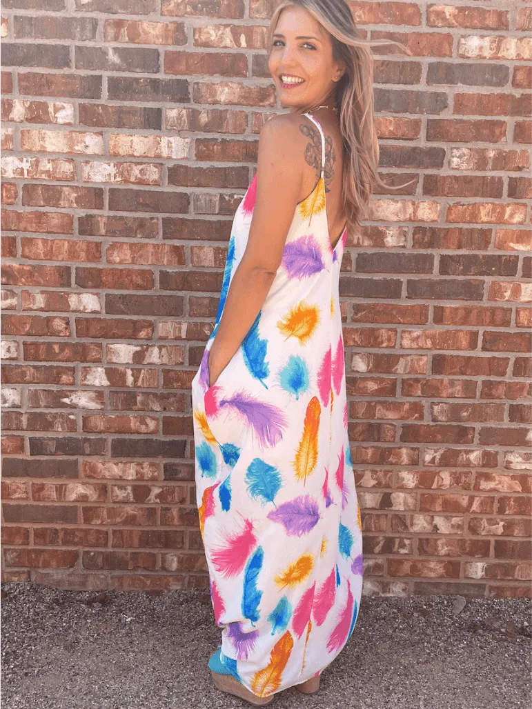 Live in Color Feather Print Maxi Dress with Pockets