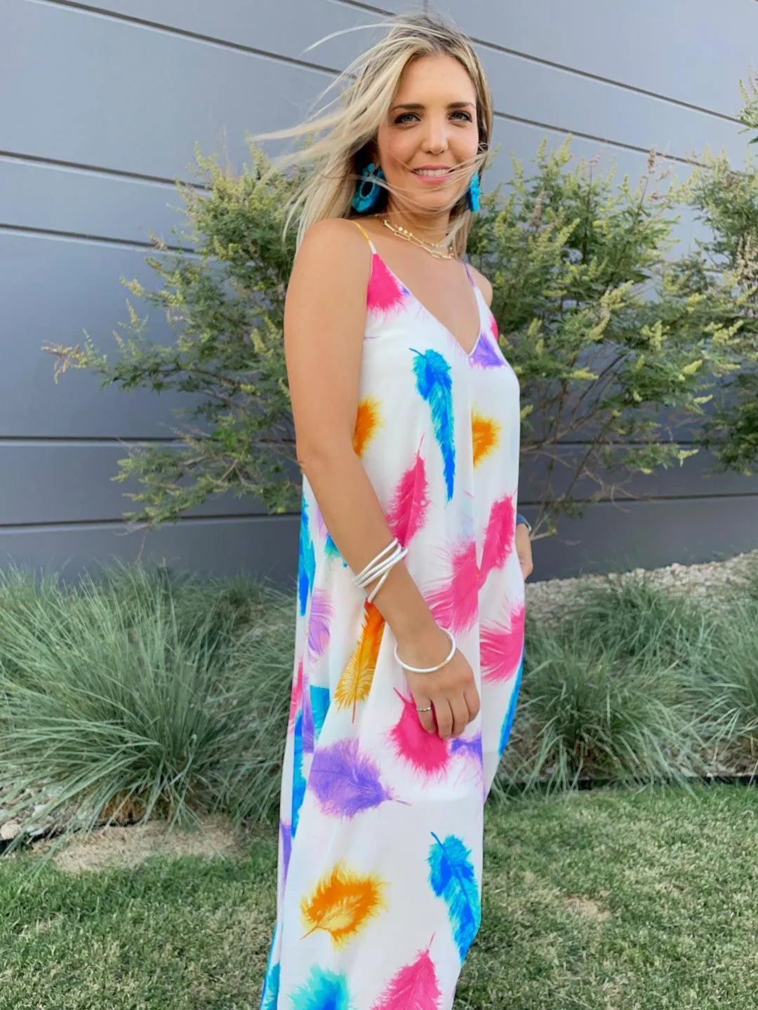 Live in Color Feather Print Maxi Dress with Pockets