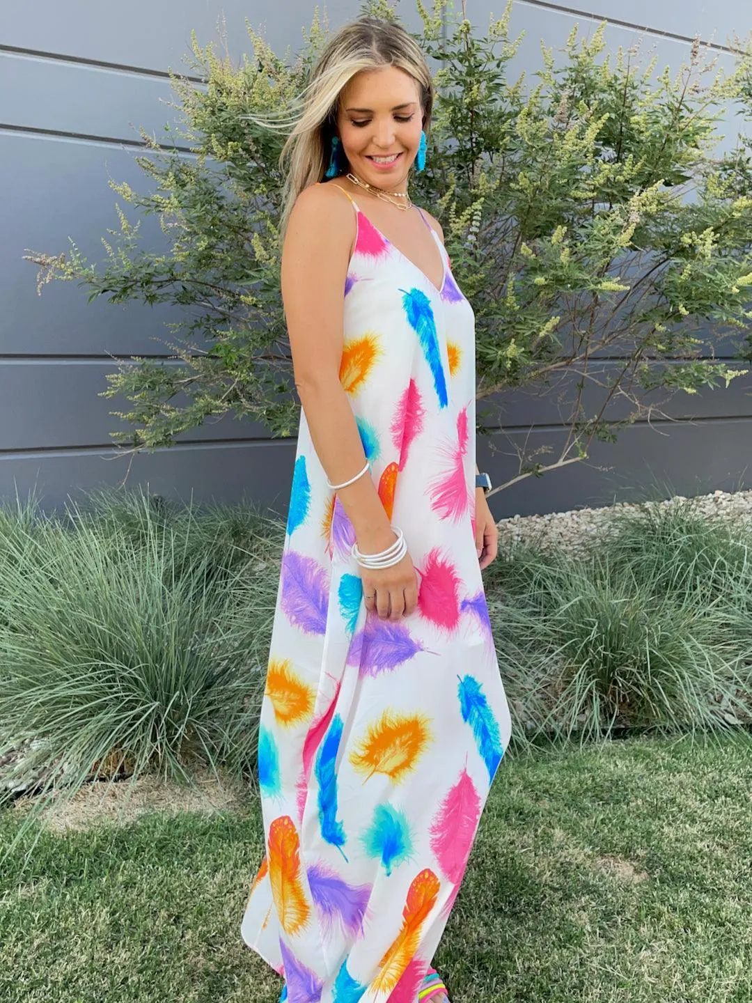 Live in Color Feather Print Maxi Dress with Pockets