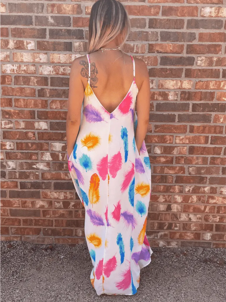 Live in Color Feather Print Maxi Dress with Pockets