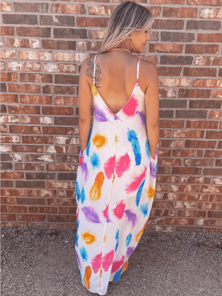 Live in Color Feather Print Maxi Dress with Pockets