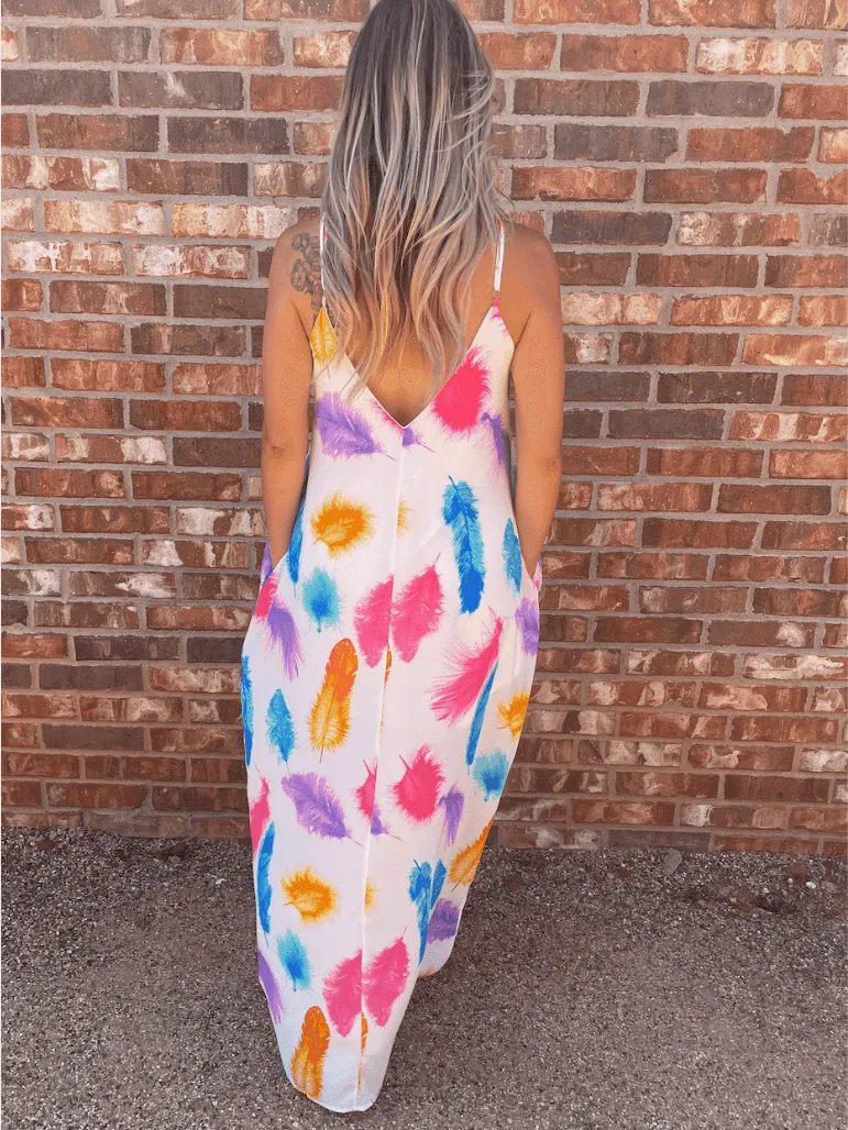 Live in Color Feather Print Maxi Dress with Pockets