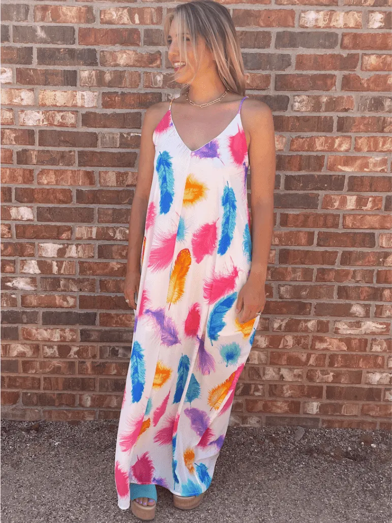 Live in Color Feather Print Maxi Dress with Pockets