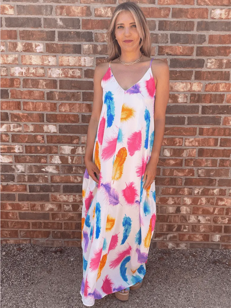 Live in Color Feather Print Maxi Dress with Pockets