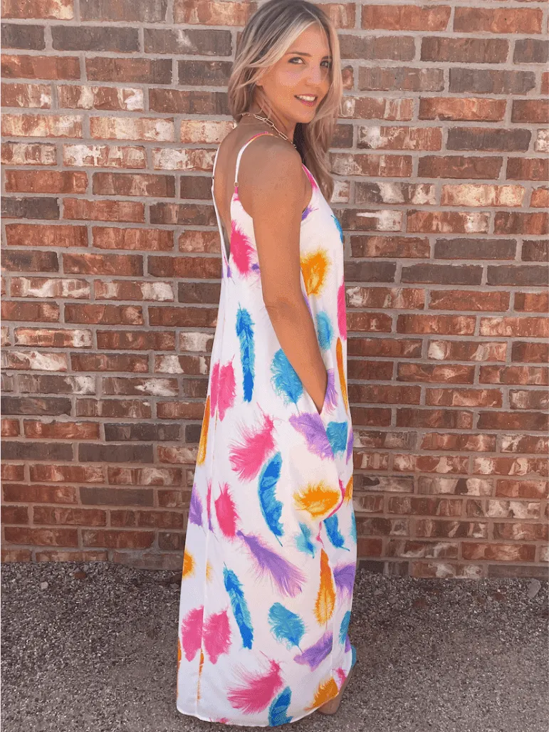 Live in Color Feather Print Maxi Dress with Pockets