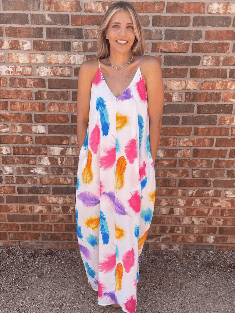 Live in Color Feather Print Maxi Dress with Pockets