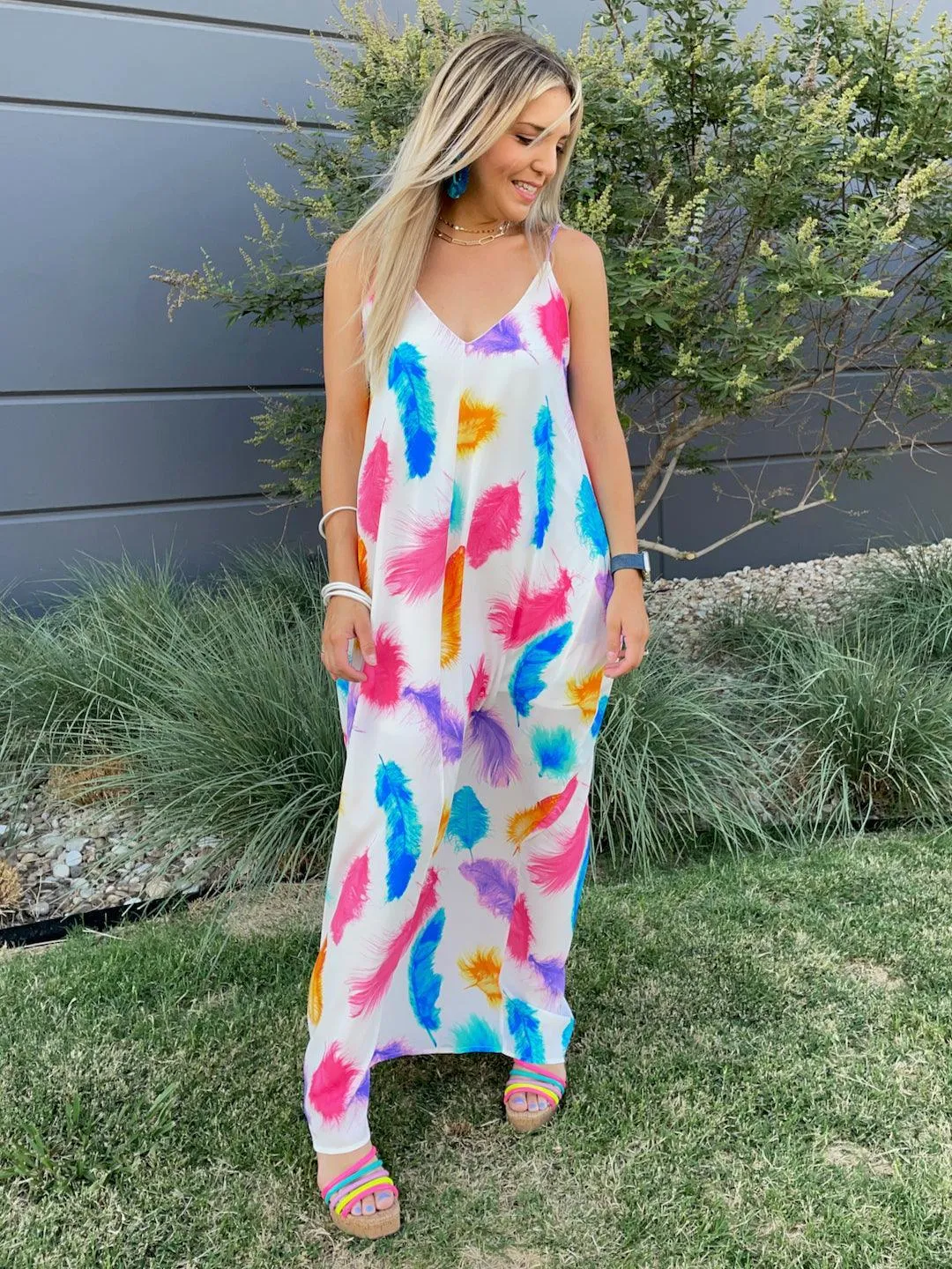 Live in Color Feather Print Maxi Dress with Pockets