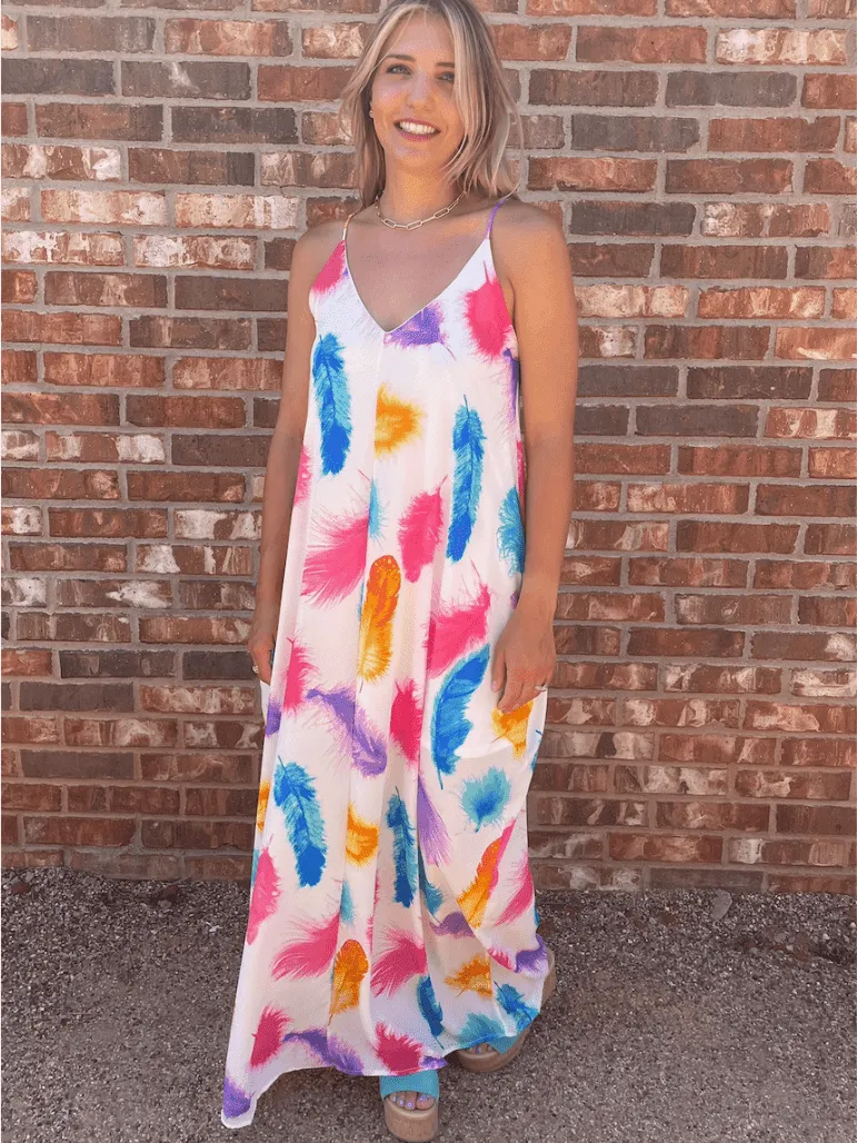 Live in Color Feather Print Maxi Dress with Pockets