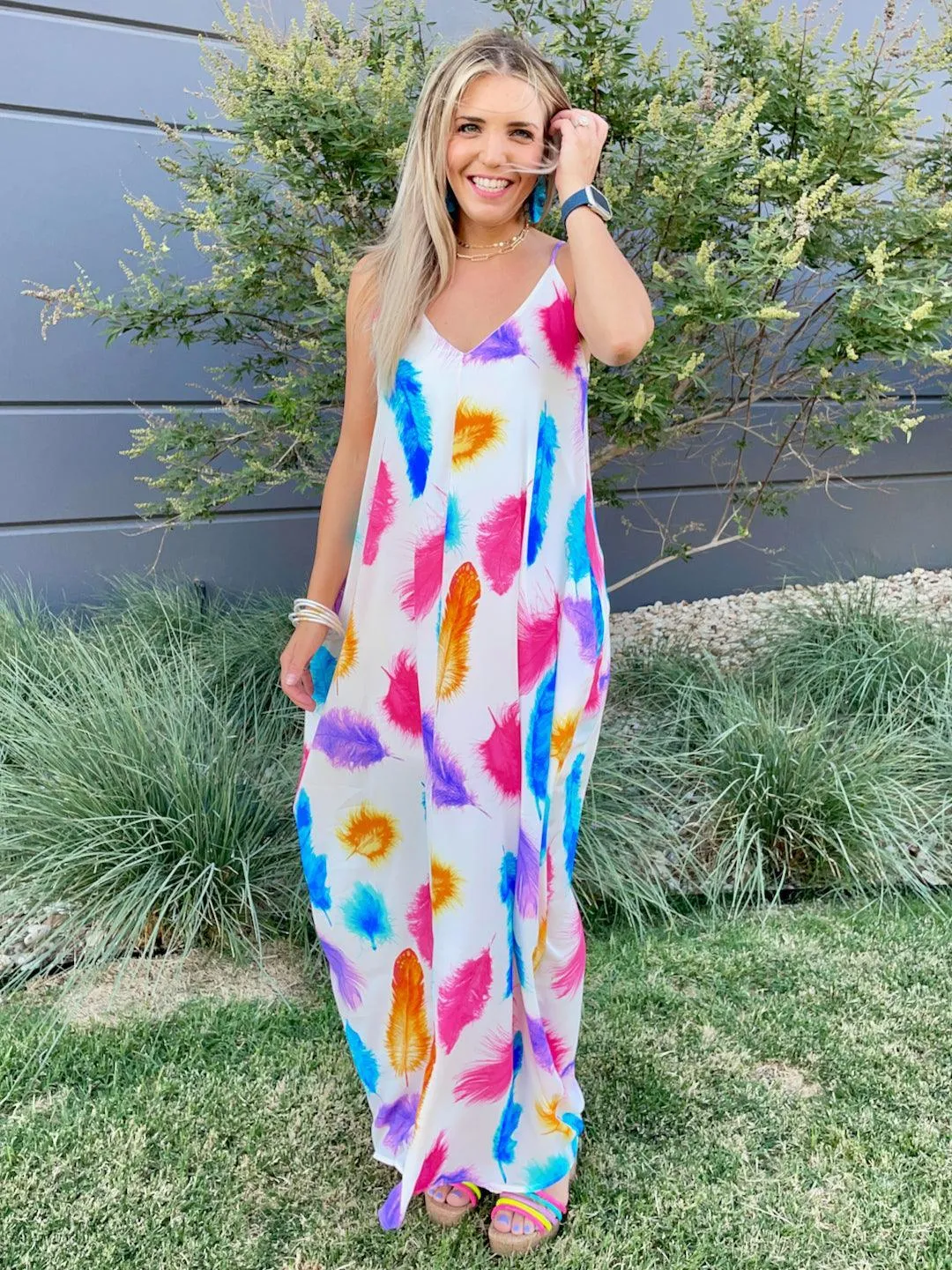 Live in Color Feather Print Maxi Dress with Pockets