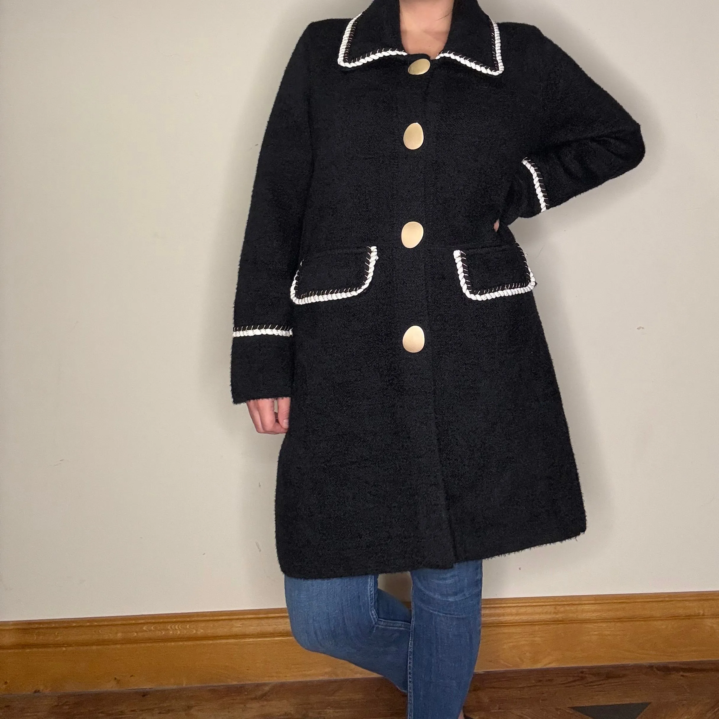 Long Black Coat With Soft Gold Large Buttons