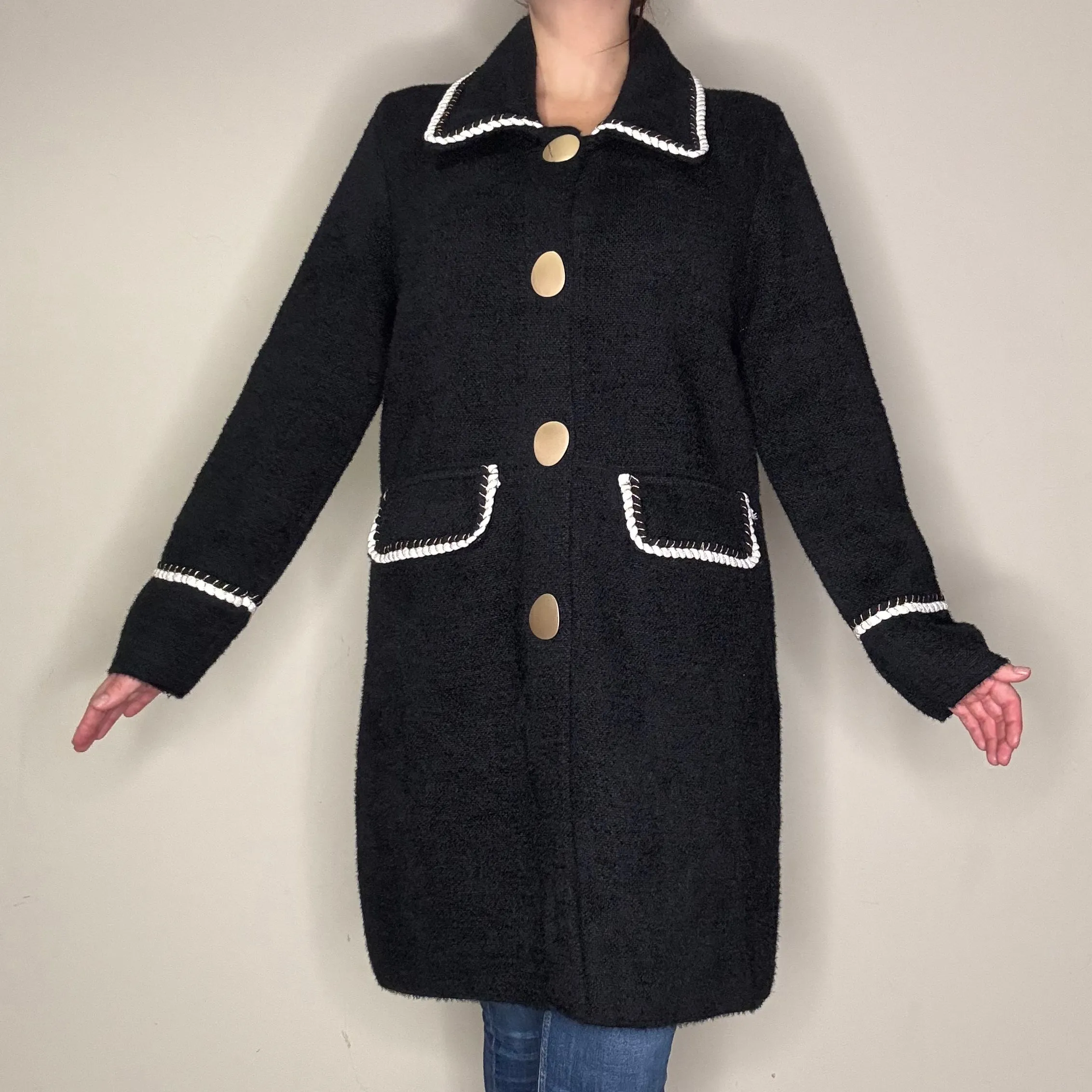 Long Black Coat With Soft Gold Large Buttons