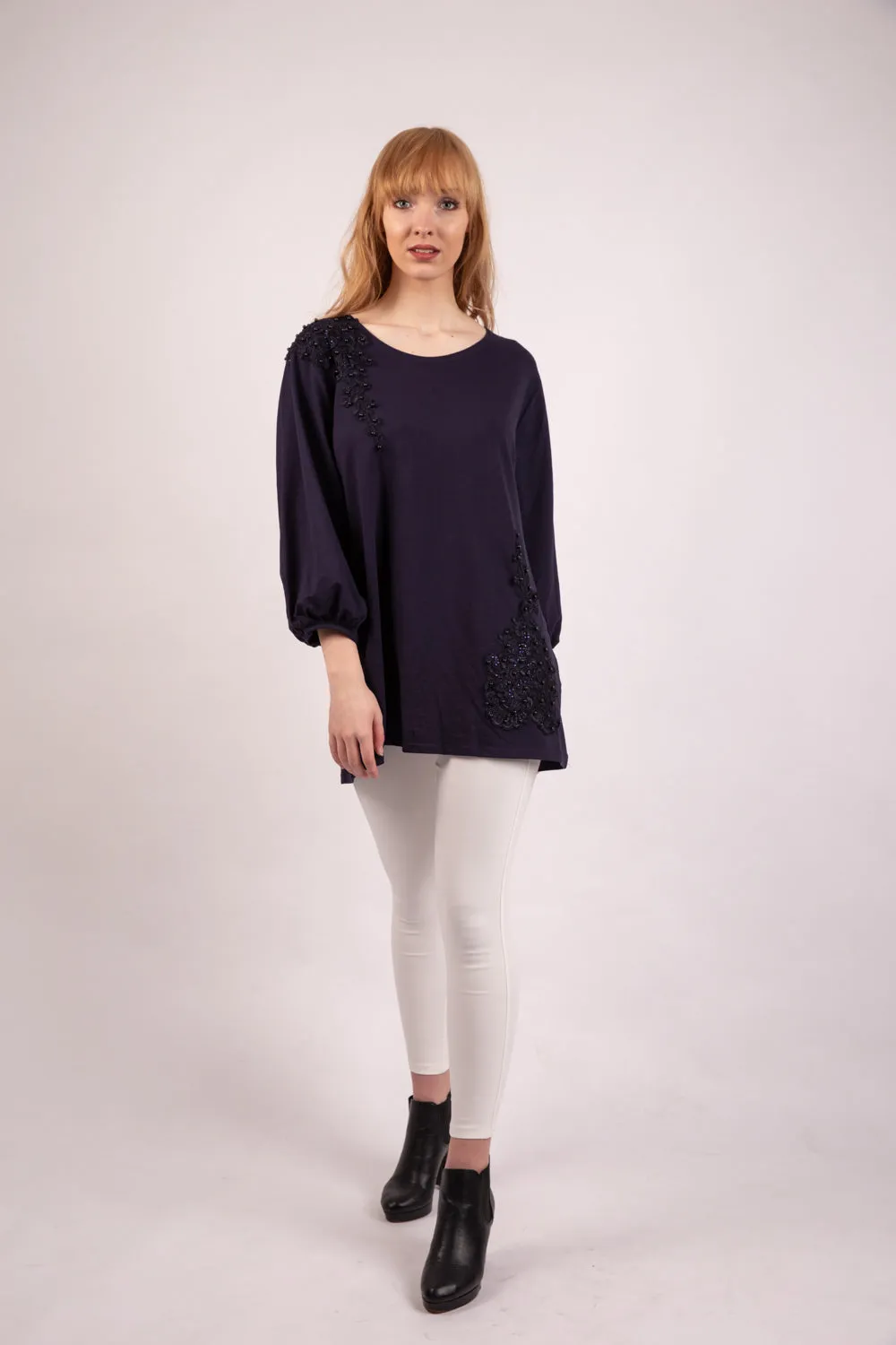 Long Sleeve Tunic Top with Floral Embroidery