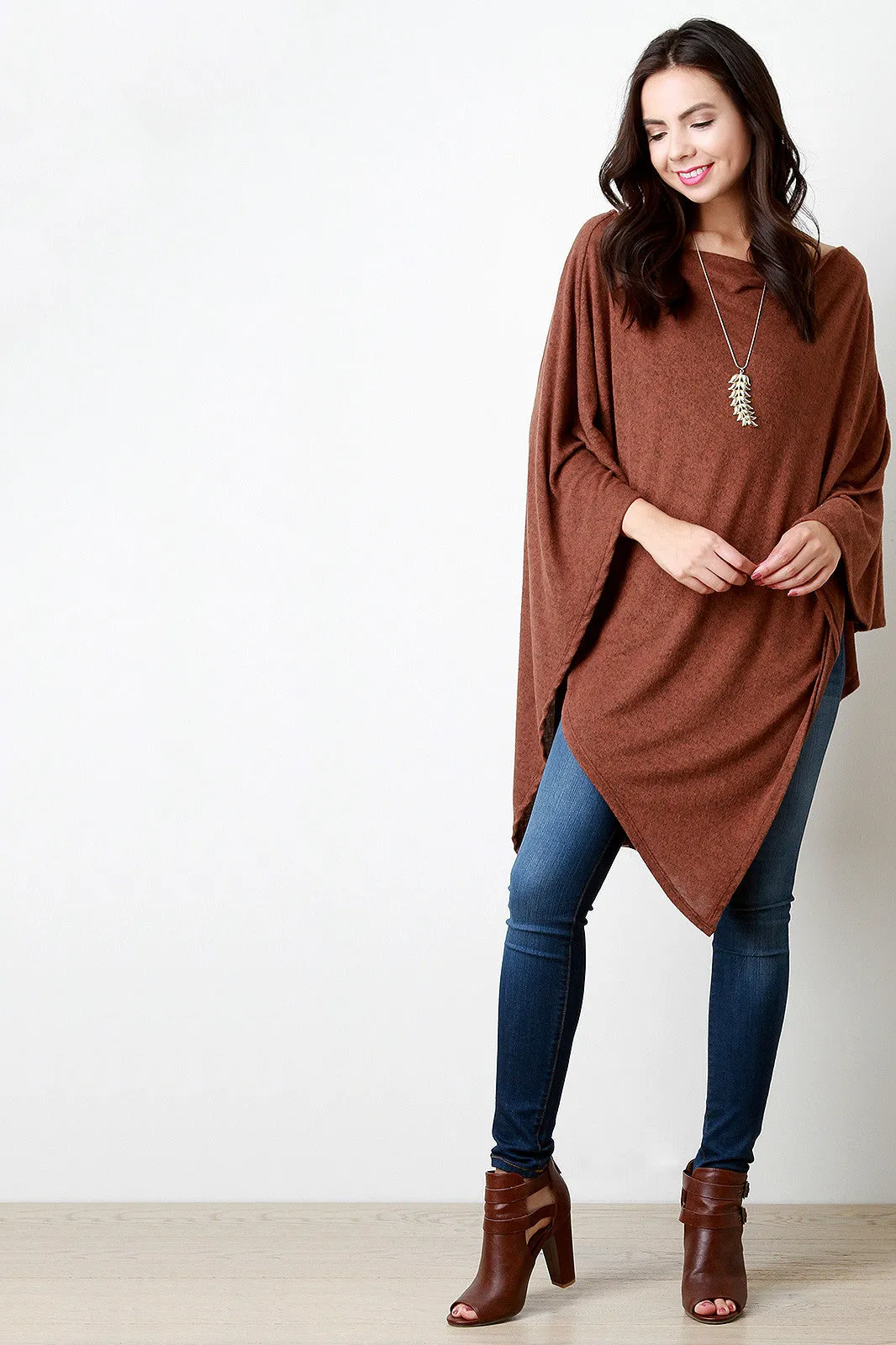 Loose Knit Asymmetrical Pleated Poncho Top