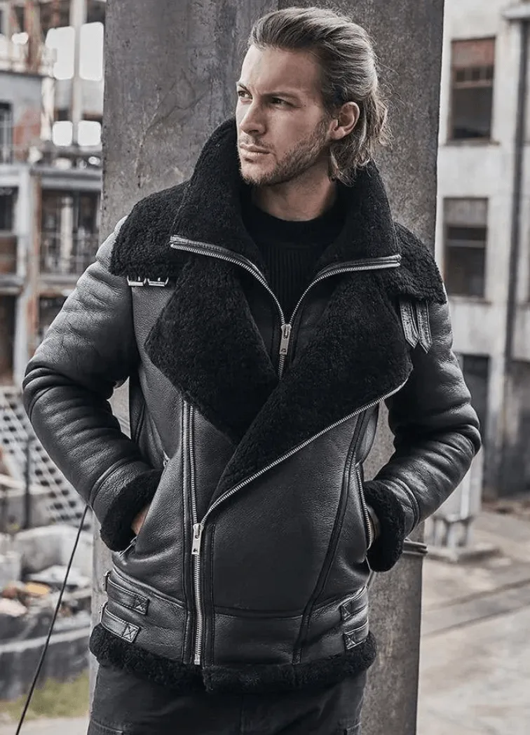 Mens Fashion B3 Shearling Furcliff Black Leather Coat