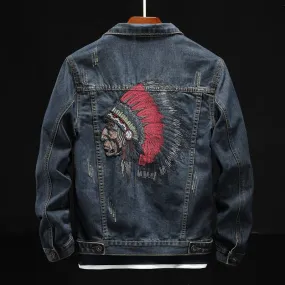 Men's Jean Jacket Indian Chief Embroidery Dark Blue Denim Classic Styling 2 Pockets Snap Closure Available In Sizes M-6XL