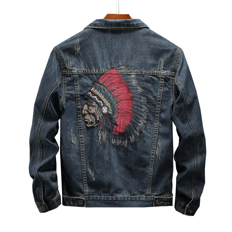 Men's Jean Jacket Indian Chief Embroidery Dark Blue Denim Classic Styling 2 Pockets Snap Closure Available In Sizes M-6XL