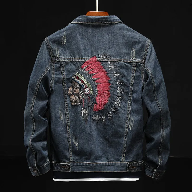 Men's Jean Jacket Indian Chief Embroidery Dark Blue Denim Classic Styling 2 Pockets Snap Closure Available In Sizes M-6XL