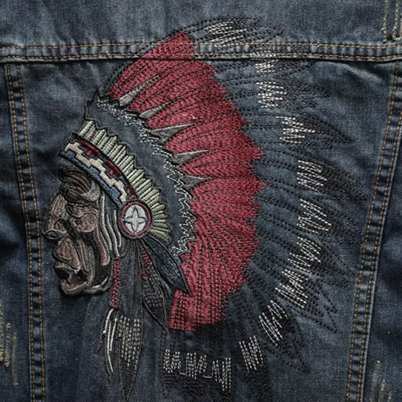 Men's Jean Jacket Indian Chief Embroidery Dark Blue Denim Classic Styling 2 Pockets Snap Closure Available In Sizes M-6XL