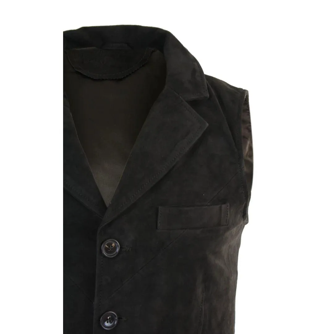 Mens Real Suede Leather Tan Brown Black Smart Casual Gilet Waistcoat Vintage Retro