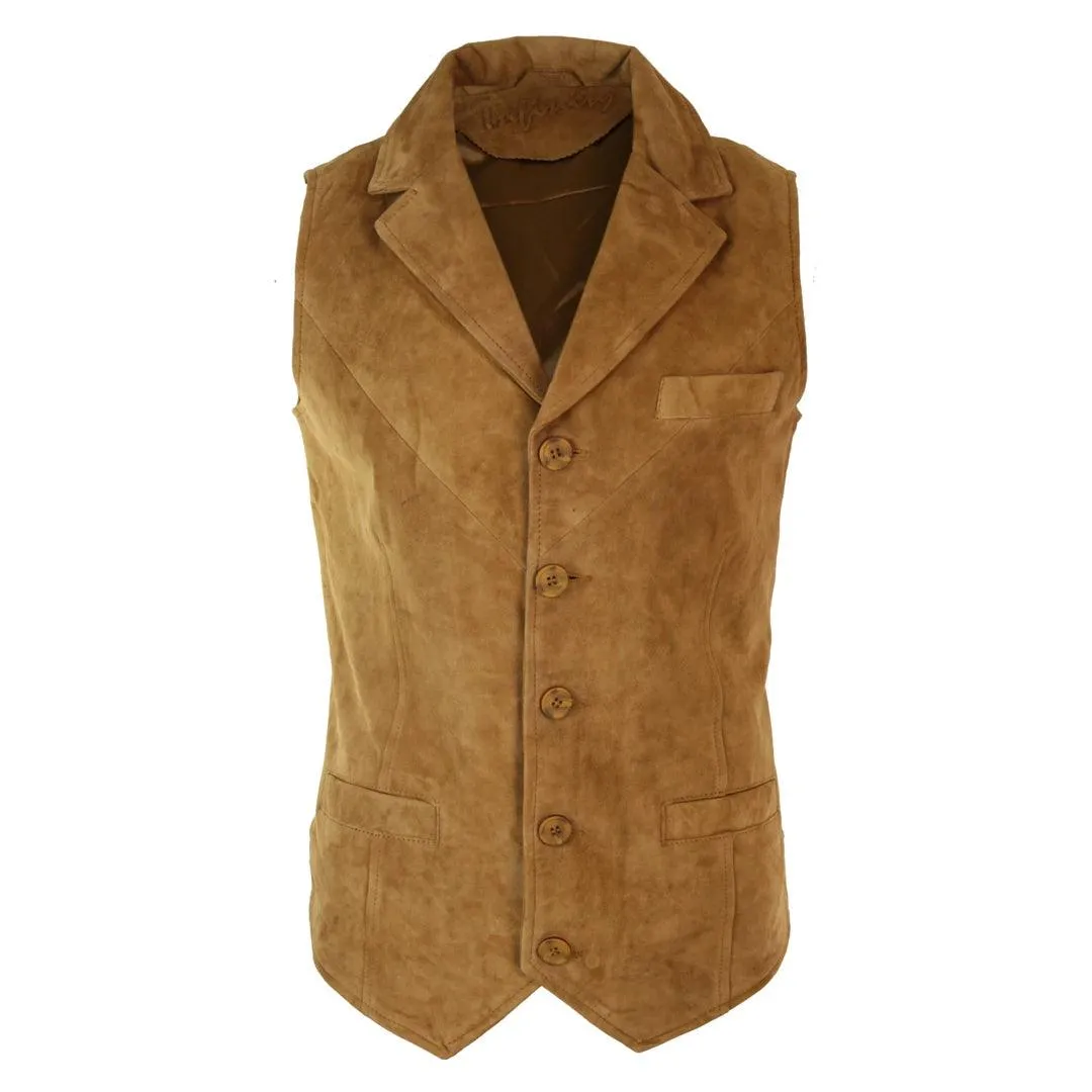 Mens Real Suede Leather Tan Brown Black Smart Casual Gilet Waistcoat Vintage Retro