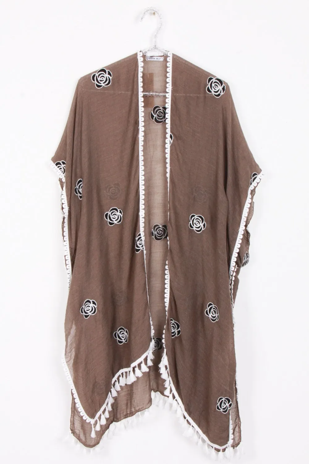 Midi Length Flower Embroidered Tassel Kimono Jacket Cover Up