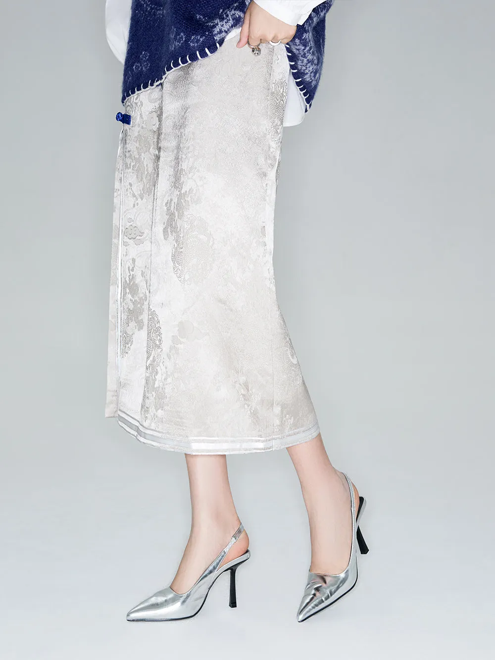 MUKZIN Linglong "thunderclap" Embossed Jacquard Side Slit Straight Skirt