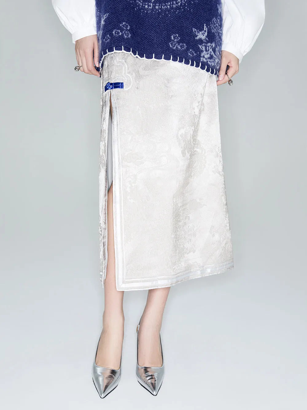 MUKZIN Linglong "thunderclap" Embossed Jacquard Side Slit Straight Skirt