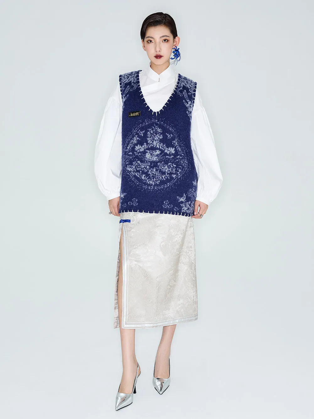 MUKZIN Linglong "thunderclap" Embossed Jacquard Side Slit Straight Skirt