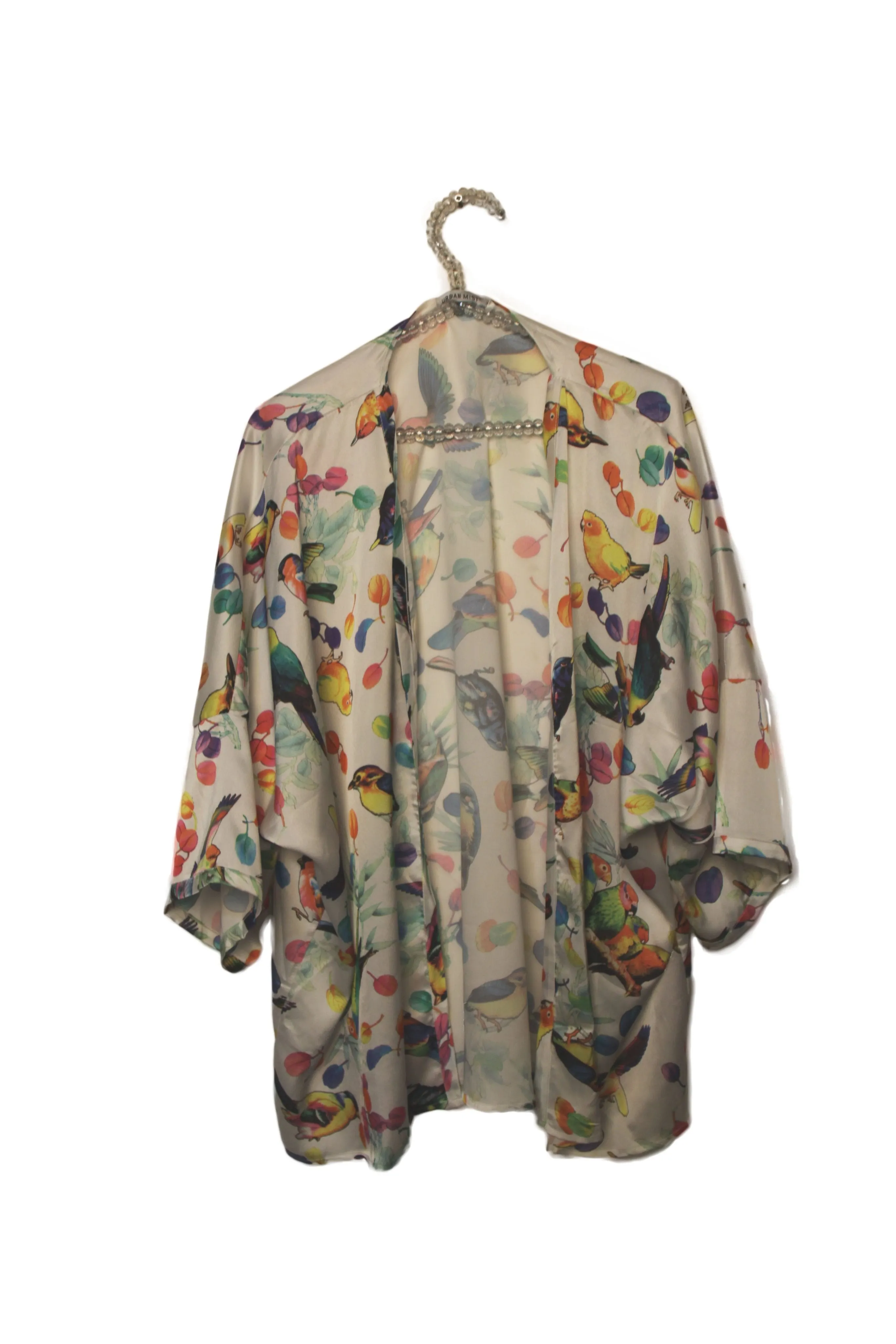 Multi Colour Bird Print Silky Kimono Jacket