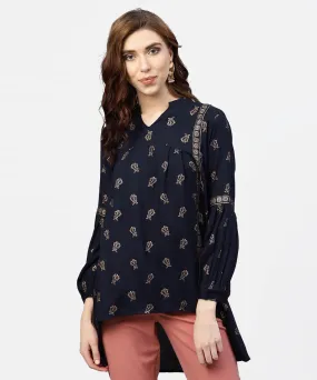 Navy Blue Printed Full Sleeve Tunic With Madarin Collar