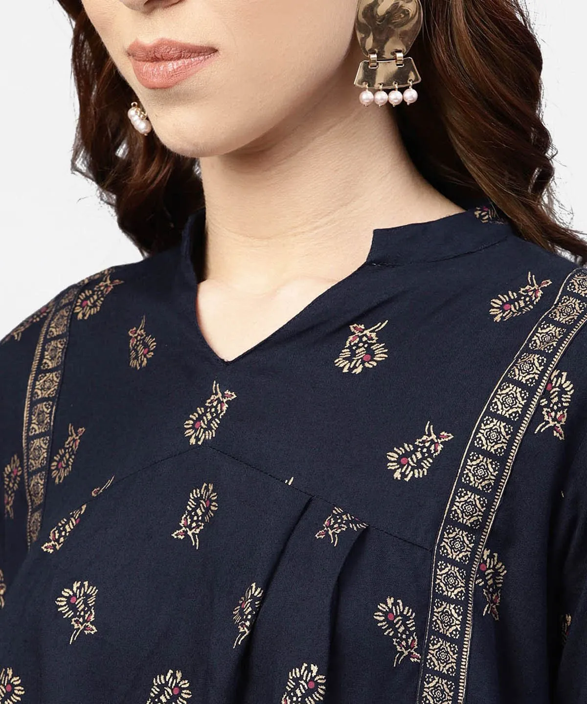 Navy Blue Printed Full Sleeve Tunic With Madarin Collar