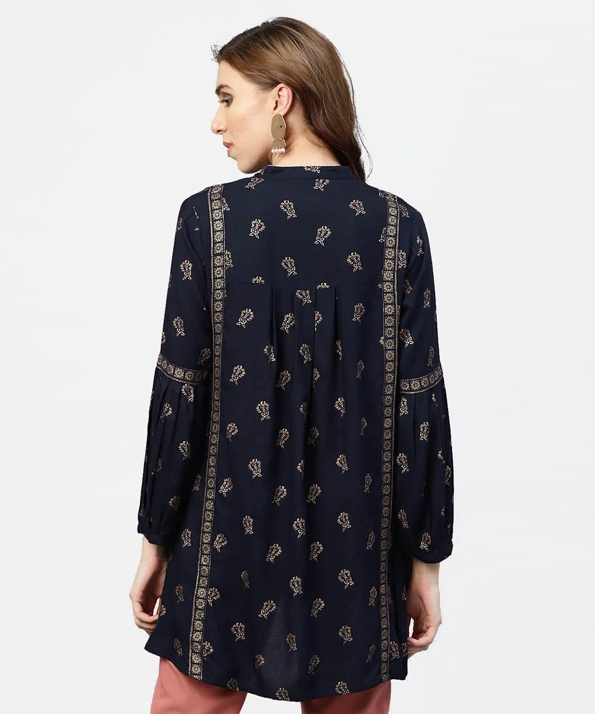 Navy Blue Printed Full Sleeve Tunic With Madarin Collar