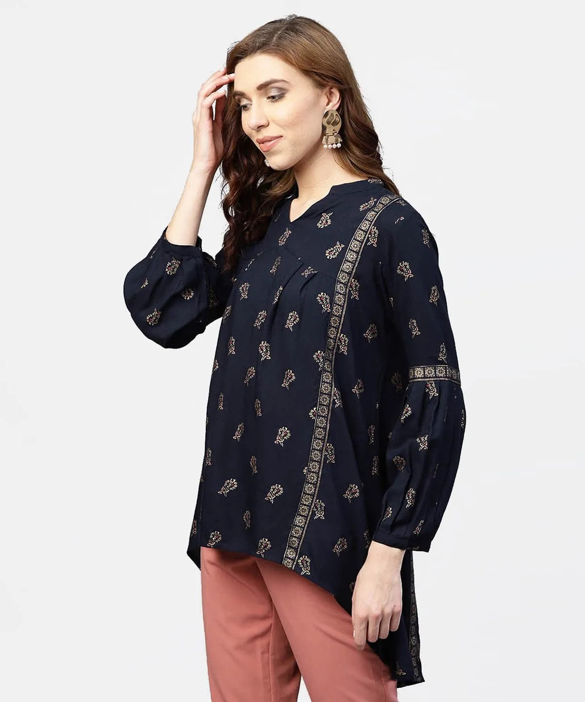 Navy Blue Printed Full Sleeve Tunic With Madarin Collar