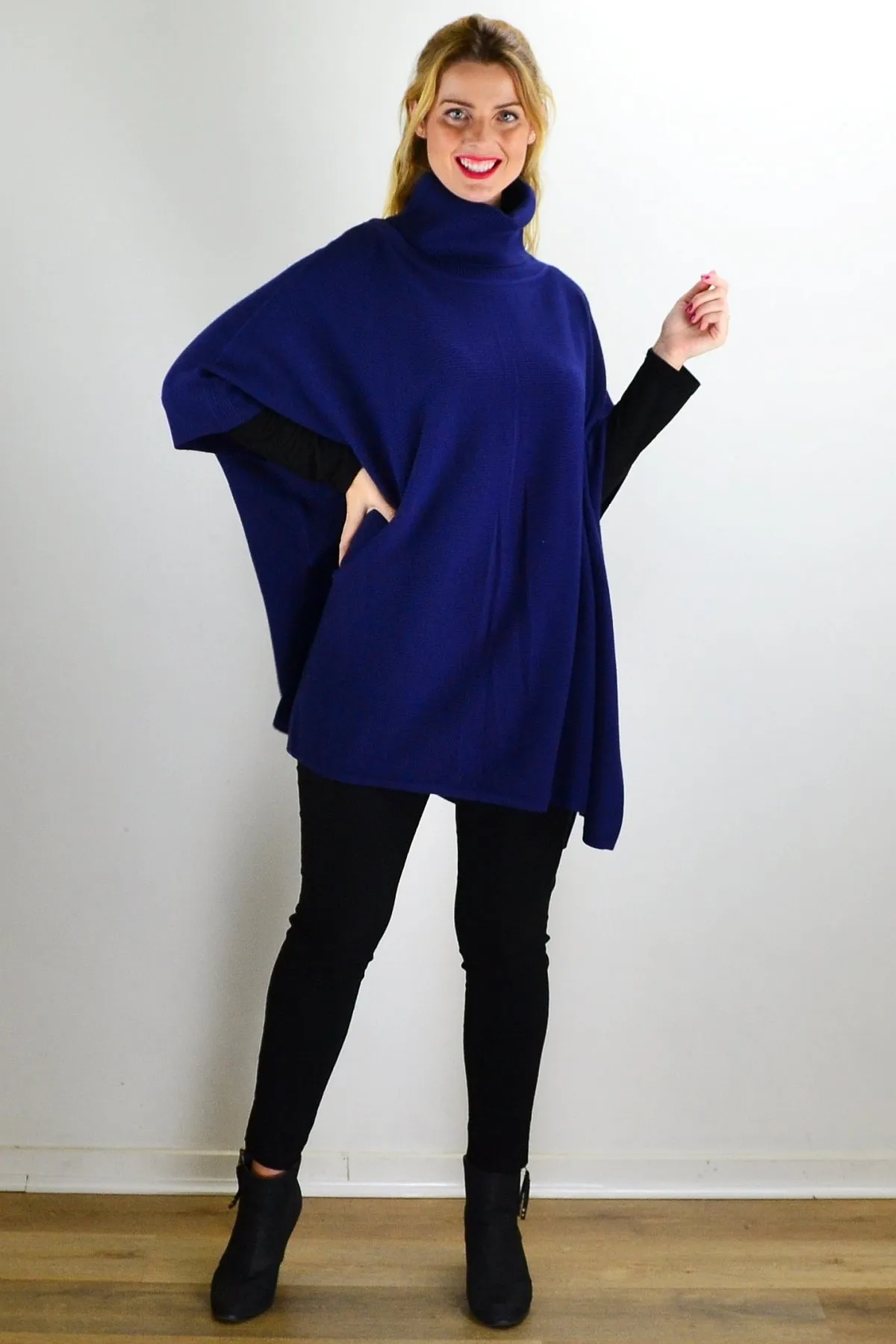 Navy Turtle Neck Wool Blend Knit Poncho