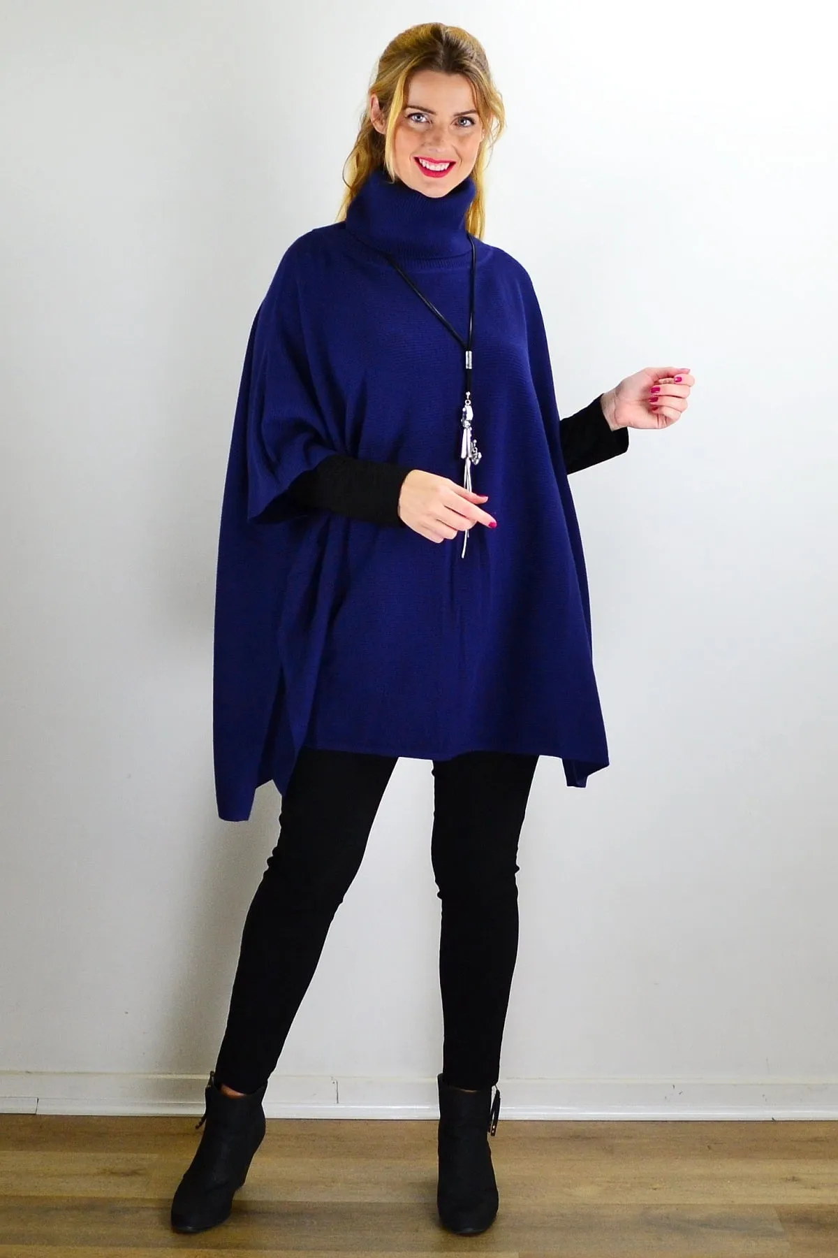 Navy Turtle Neck Wool Blend Knit Poncho