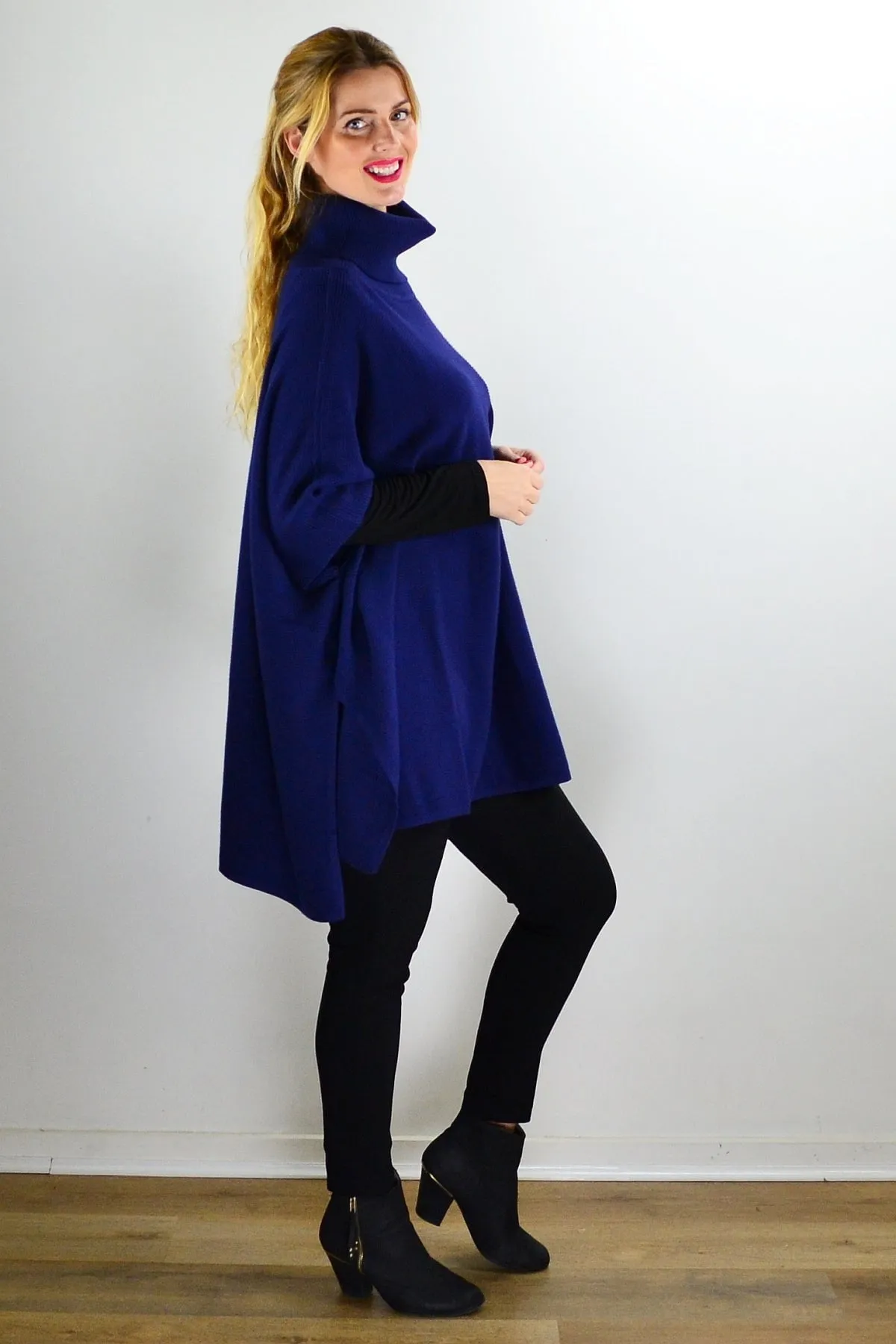 Navy Turtle Neck Wool Blend Knit Poncho