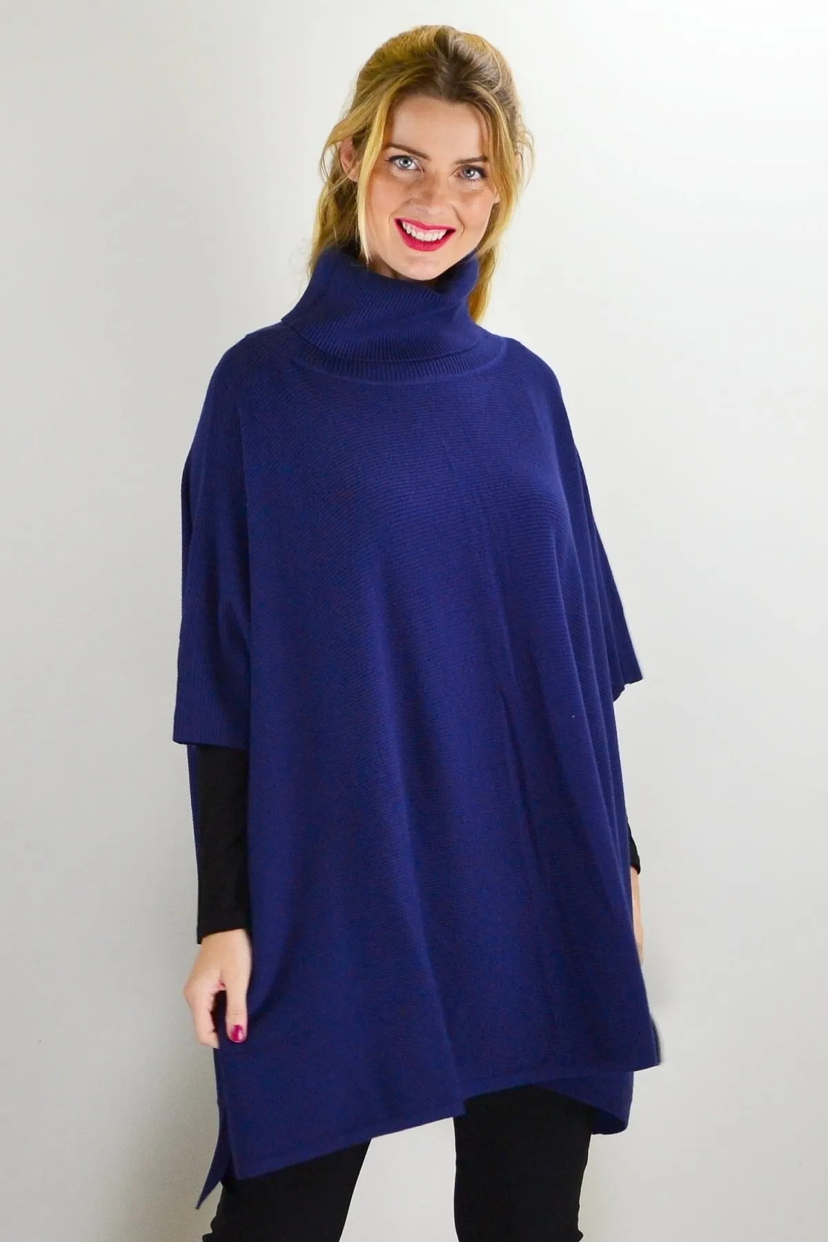 Navy Turtle Neck Wool Blend Knit Poncho