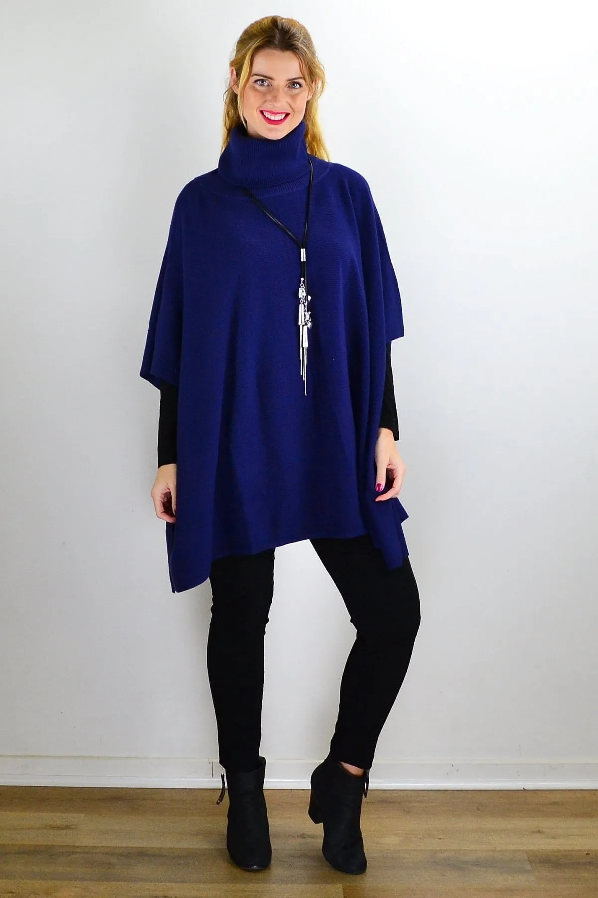 Navy Turtle Neck Wool Blend Knit Poncho