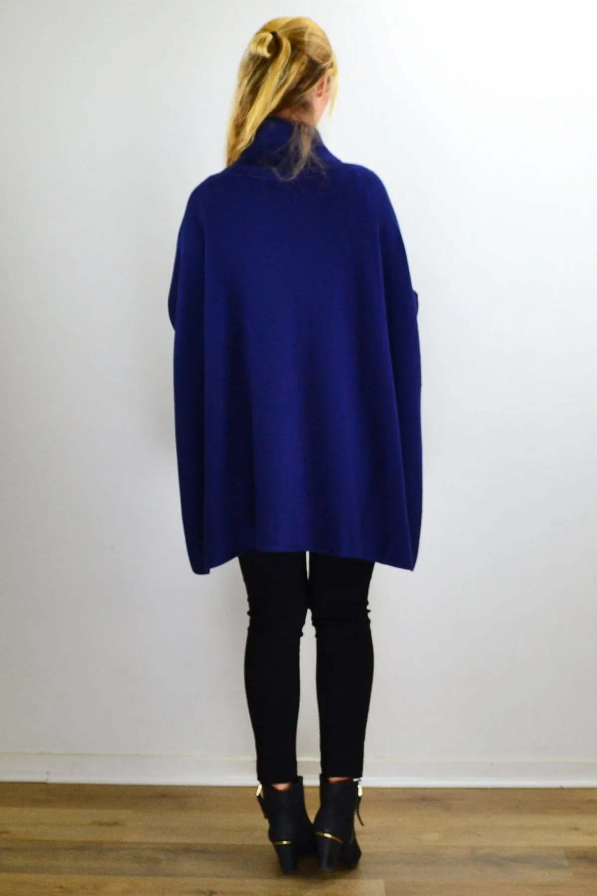 Navy Turtle Neck Wool Blend Knit Poncho