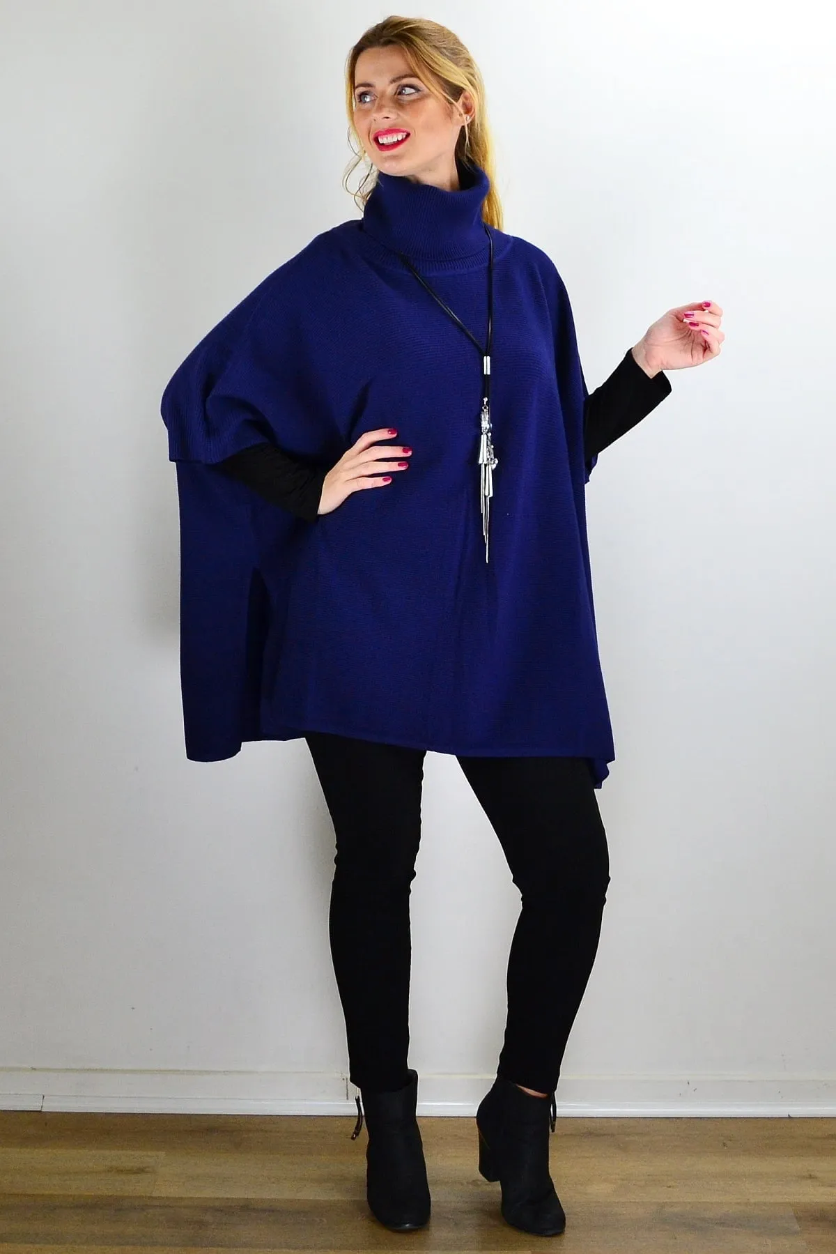 Navy Turtle Neck Wool Blend Knit Poncho