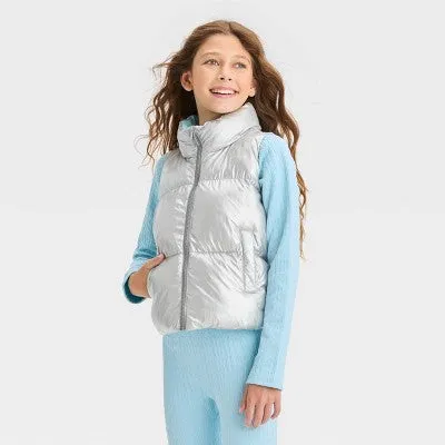 New - All in Motion Kids Full Zipper Reversible Quilted Puffer Vest Stand Up Collar