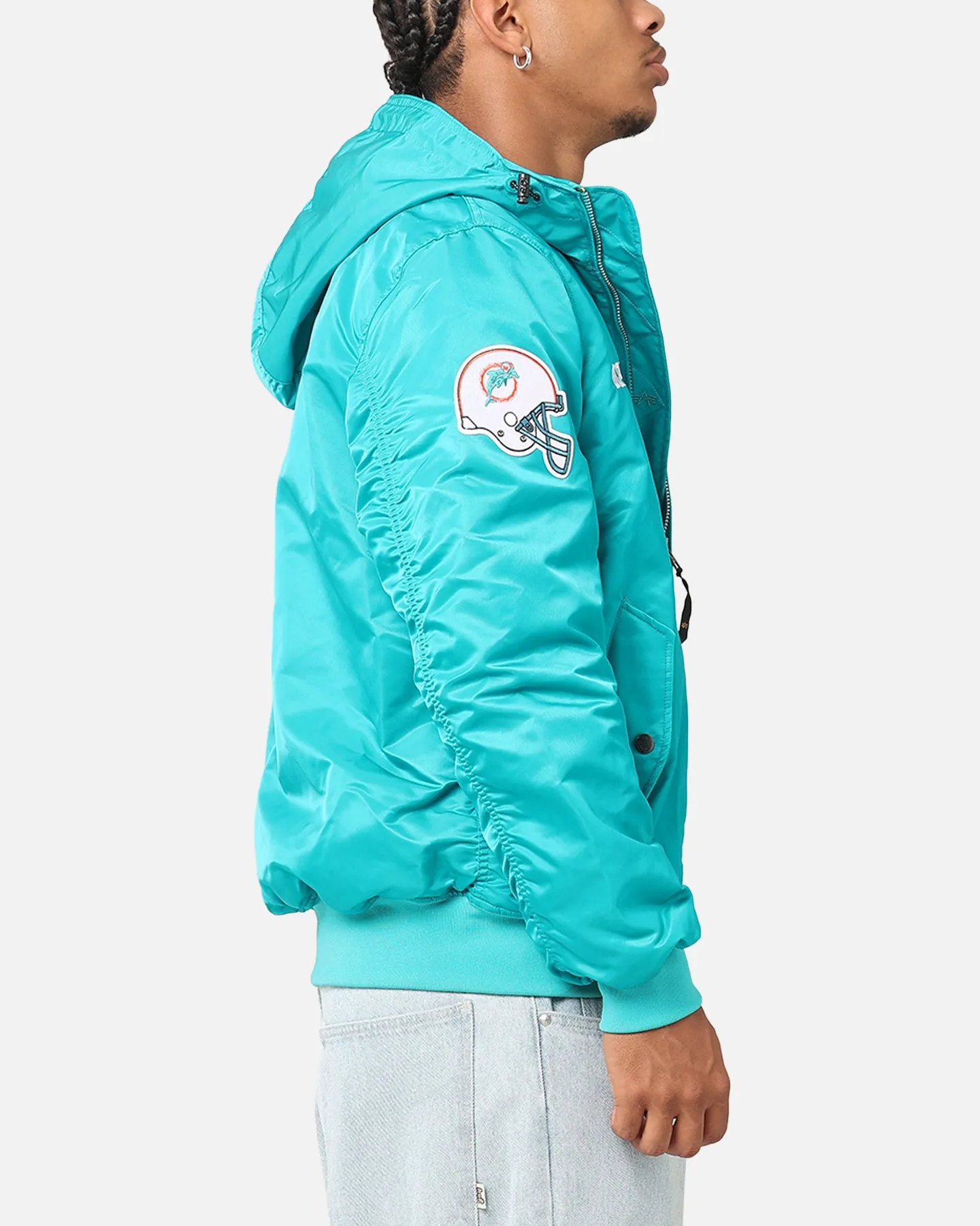 New Era Miami Dolphins Alpha Industries L-2B Hooded Bomber Jacket Turquoise