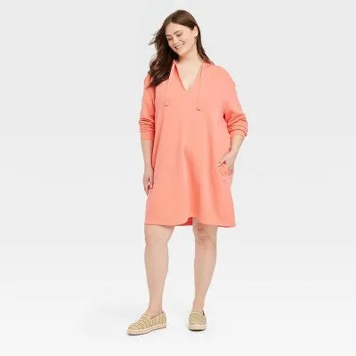 Open Box - Women's Long Sleeve Mini Fleece Tunic Dress - Universal Thread Coral Orange XXL