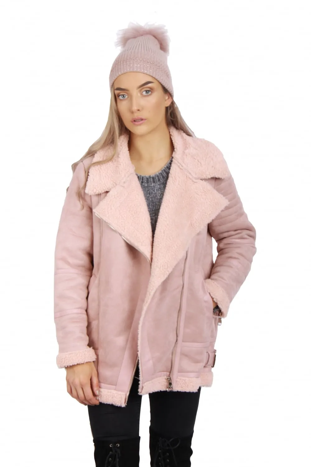 Oversized Faux Suede Faux Fur Shearling Jacket Coat