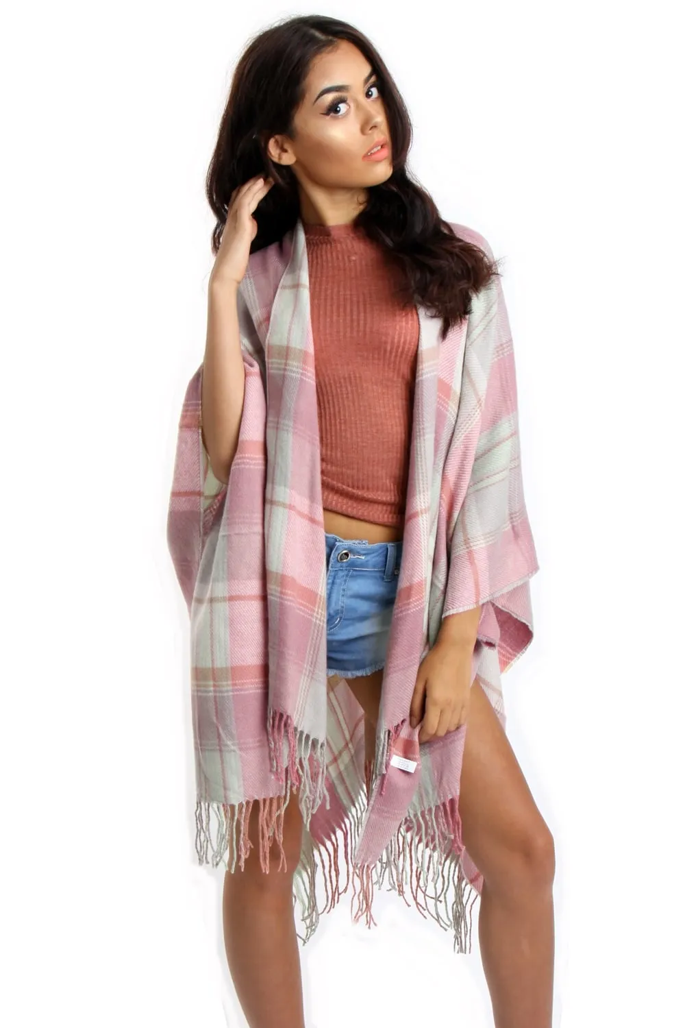 Pale Pink and Mint Green Tartan Check Blanket Cape with Tassels