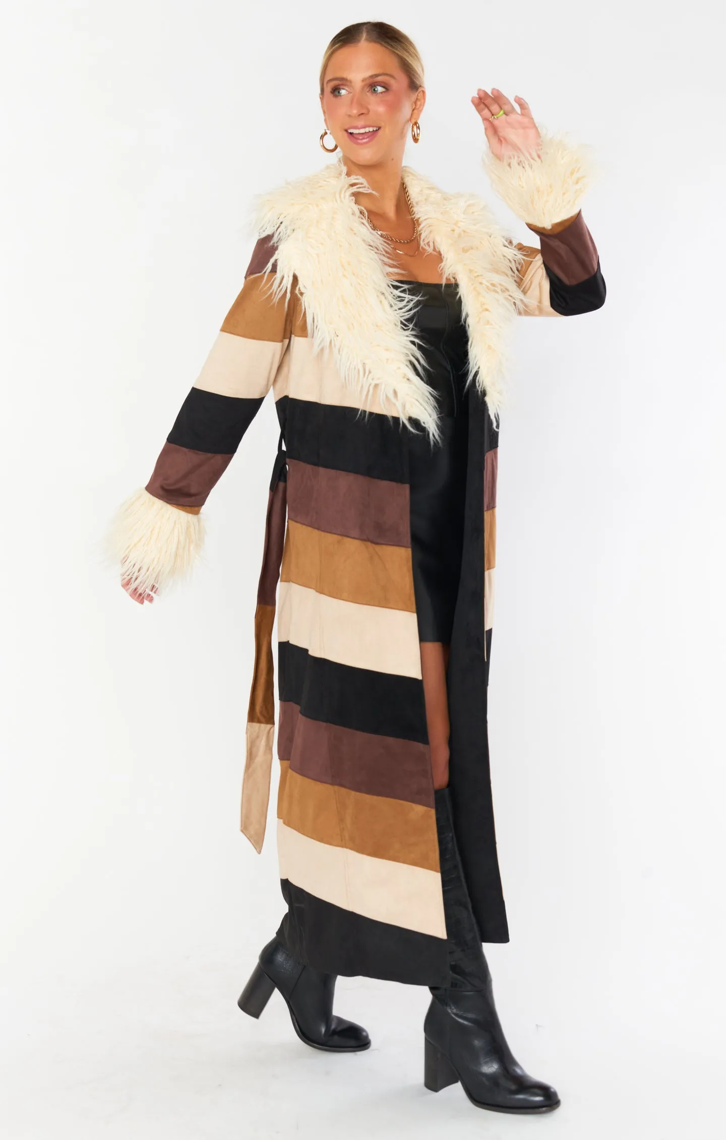 Penny Lane Long Coat ~ Faux Suede Chevron with Faux Fur